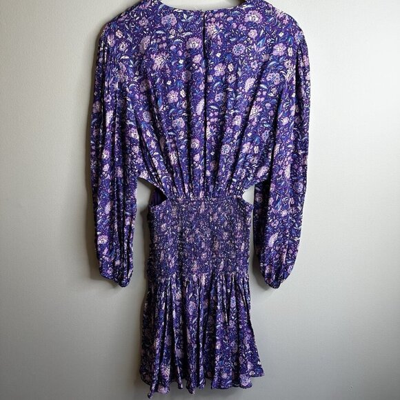 Maje Floral Mini Dress Size 38 UK 10 $445 Purple Georgette Smocked Cut Out Boho - Picture 16 of 16